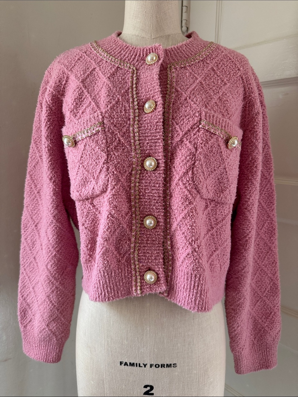 Women’s Pink Textured Pearl-Button Cardigan Sweater